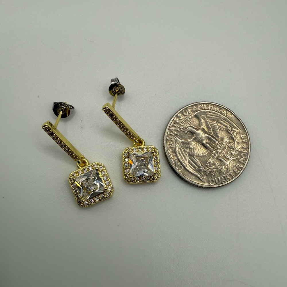 Gold-Tone Square Halo Drop Earrings with Clear Stones